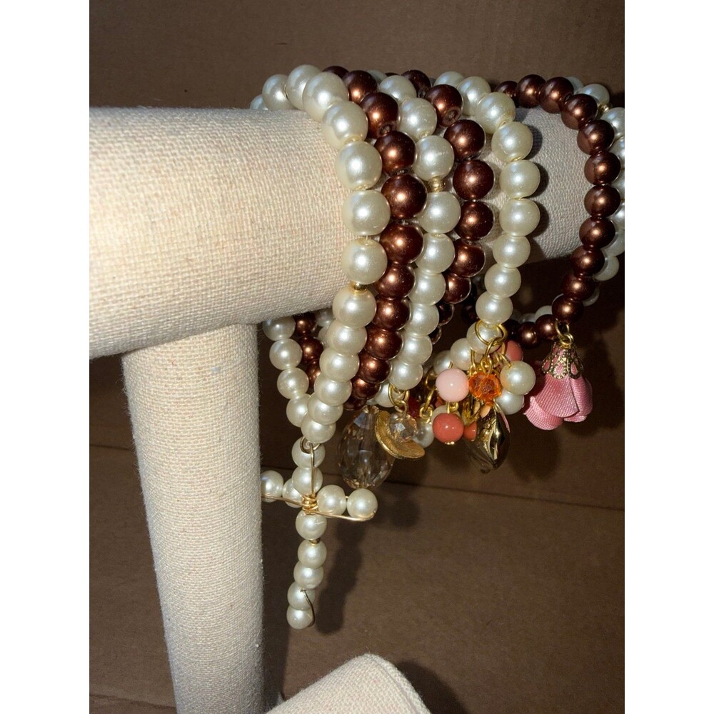 7pc Handmade Mocha Brown & Cream Pearl Stacking Bracelets with Charms - Picture 2 of 5